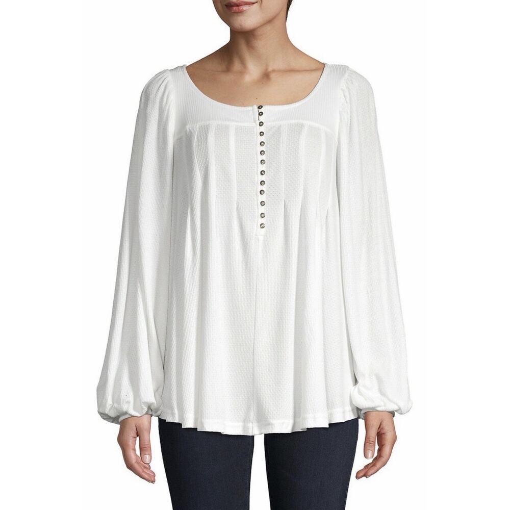 Free People Devin Ribbed Knit Top White Peasant Flowy Relaxed Style